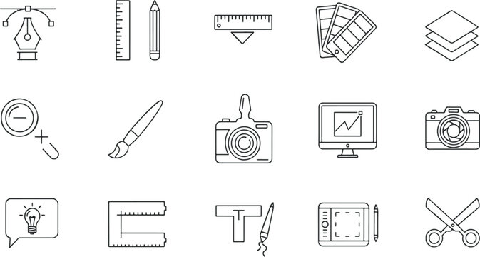Illustrations of various design and creative tools and equipment