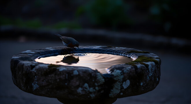 Tranquil stone bird bath filled with water reflecting the sky and a small bird perched on its edge