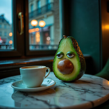 Funny anthropomorphic avocado character sitting at elegant cafe with tea cup