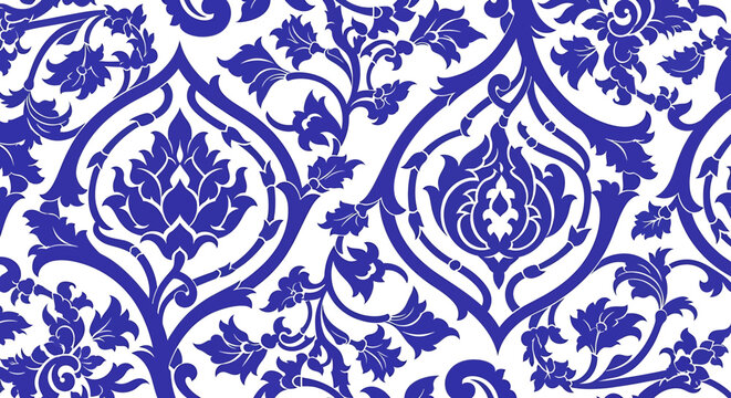 Blue floral damask pattern design element.