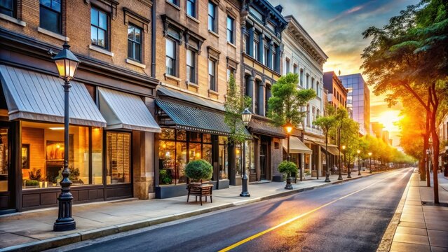 A photo of a bustling city street with storefronts displaying signs of success, a vibrant atmosphere filled with the sounds of people going about thei