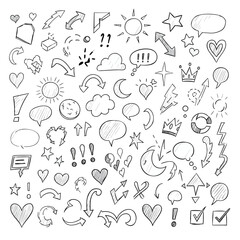 Fototapeta premium Collection of Hand Drawn Style Doodles Including Symbols Icons and Expressions for Creative Projects