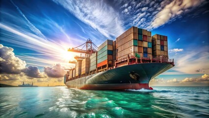 Obraz premium A photo of a cargo ship loaded with containers from a lowangle perspective, towering steel structures with exposed bolts and rusted edges, surrounded