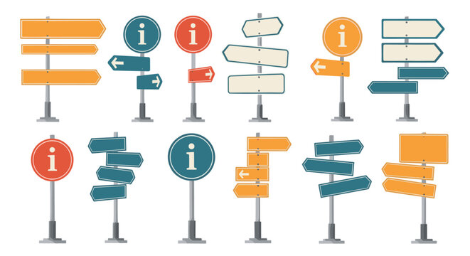 Set of various information and directional signs in different vibrant colors and styles are shown on tall sturdy metal pedestals.