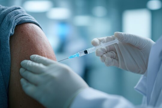 Close-up of a clinician delivering a deltoid injection for shoulder pain relief in a clinical setting