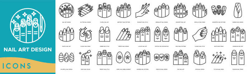 Nail Art Design icon set. Glitter Nail Design, Floral Nail Art, Abstract Nail Pattern, Elegant Nail Style, Minimalist Nail Design, Gradient Nail Art and Metallic Nail Finish © hajicon
