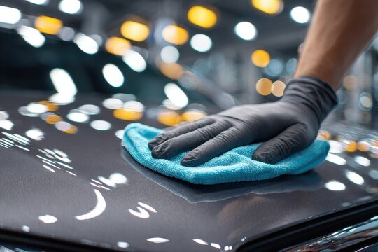 Hand applying car wax on a glossy car hood in a bright detailing workshop