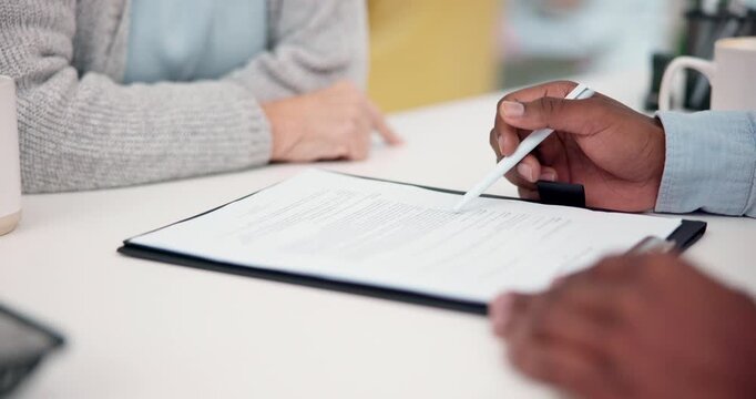 Documents, hands and businessman with client in office for finance contract with loan agreement. Application form, discussion and financial advisor with customer for investment paperwork in workplace