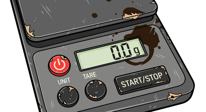 Close-up of a dirty digital scale with a zero reading, showing wear and tear.