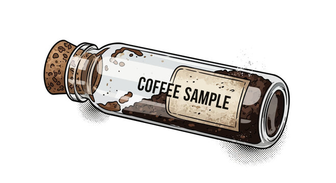 Coffee sample in small glass bottle with cork lid and label