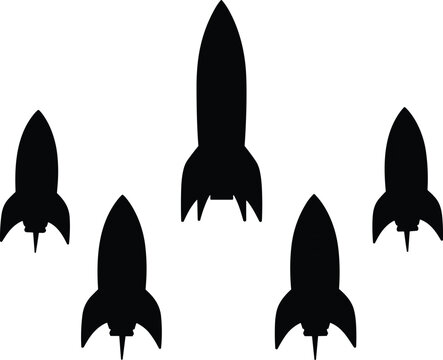 Black rocket icon set, spaceship silhouettes, space launch symbols, minimal flat design, futuristic vector illustration isolated on white background