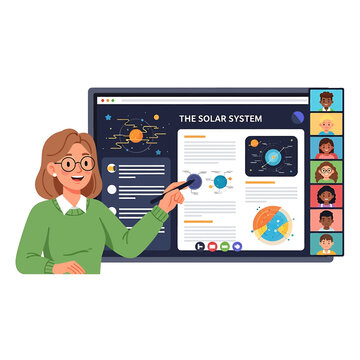 Woman pointing at solar system education.