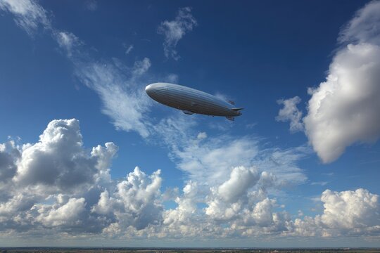 Aerial gray dirigible in a clear sky, drifting past fluffy clouds