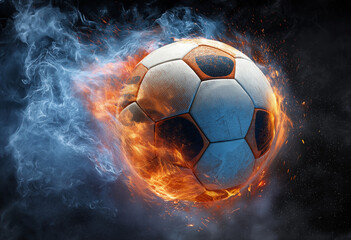 Naklejka premium a soccer ball engulfed in fire flames, soaring through the air.