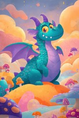 Fototapeta premium Cute teal dragon with purple wings in a candy-colored magical world