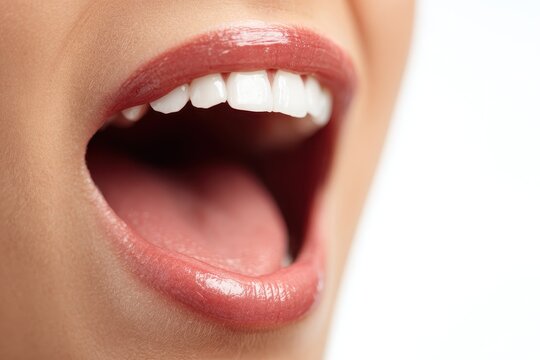 Close-up interior view of the human mouth: teeth and tongue seen from inside against a white background