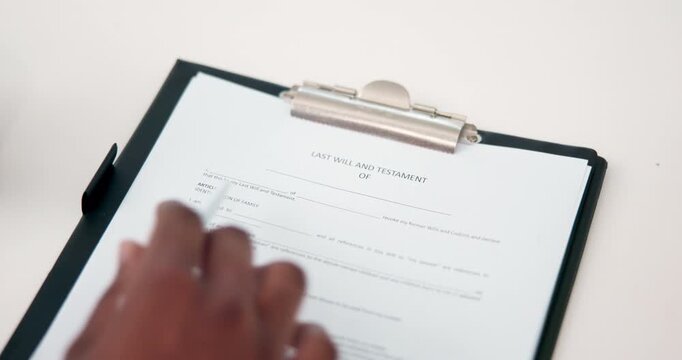 Hands, document and reading testament in home for last will, asset distribution and security. Above, person and review clipboard at table for legal compliance, estate planning or terms and conditions