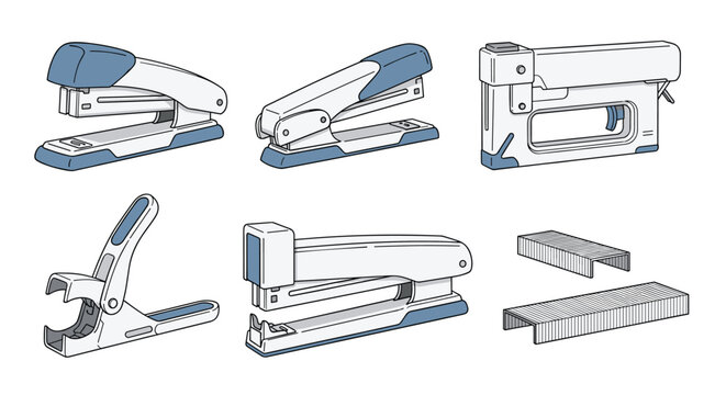 Assortment of office supplies features various types of staplers, a staple remover tool, and boxes of metal staples on white background.