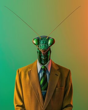 Anthropomorphic mantis wearing suit and tie portrait. AI-generated.