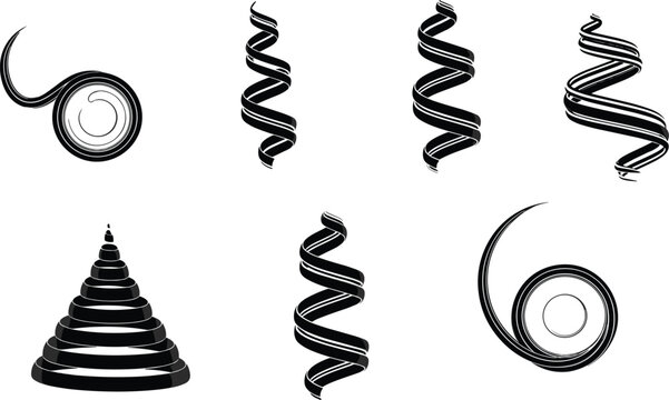 abstract spiral shapes set, swirl vector collection, twisted ribbon design, dynamic spiral elements, black abstract curves, vortex shapes illustration, 