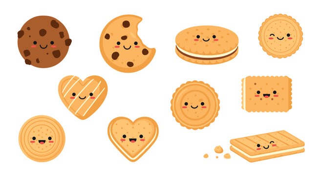 Collection of adorable cartoon cookies with happy smiling faces in various shapes and flavors for cute stationery or sticker designs.