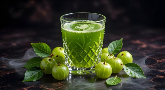 Amla Juice in Luxury glass with amla and leaves background generated with AI