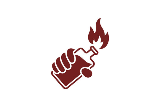 Hand holding a molotov cocktail with flames, symbol of unrest, red.