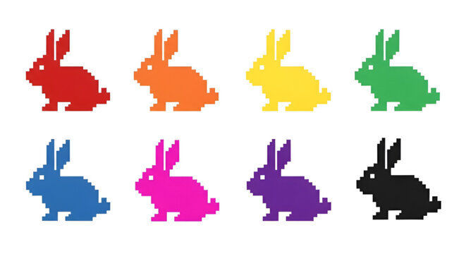 Set of Colorful Pixel Art Rabbit Icons Isolated on White Background
