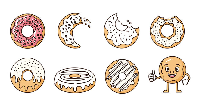set of various delicious donuts with colorful glazes and sprinkles featuring one character donut giving a thumbs up gesture.