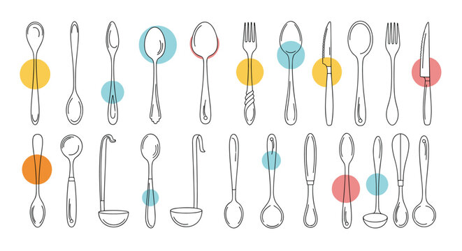 collection of hand drawn kitchen utensils including spoons forks knives and ladles illustrated with colorful circles in the background.