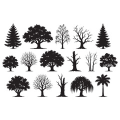 Obraz premium Tree Silhouettes Vector Set – Diverse Deciduous and Coniferous Trees Collection