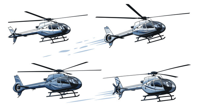 four illustrations of modern helicopters in flight showing the aircraft from different angles with spinning rotors and tail fans.