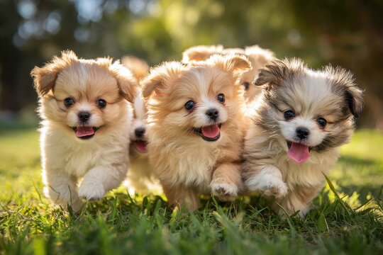 Adorable puppies in bright grass, happy expressions in an outdoor scene