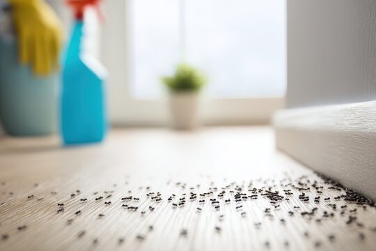 Closeup of many black ants on a home floor with pest treatment underway in a living room