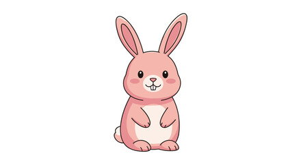 Obraz premium Adorable pink bunny rabbit character sitting peacefully and smiling shown as a simple cartoon illustration isolated on a white background.