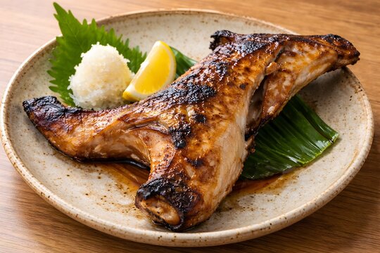 delicious grilled yellowtail collar buri kama yaki with grated radish and lemon