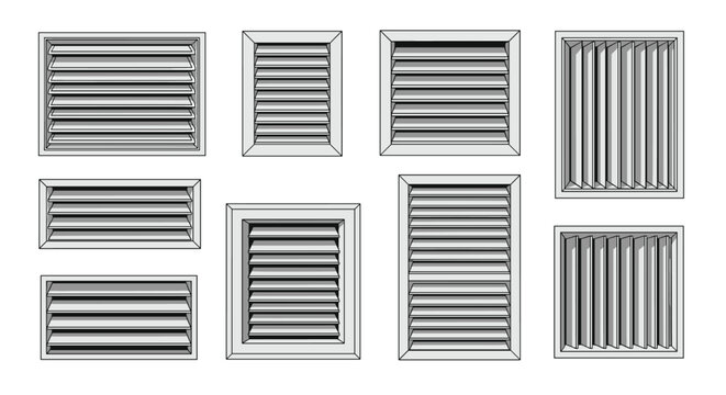 Set of technical illustrations depicting various types of metal ventilation grilles and air vents for HVAC systems on white background.