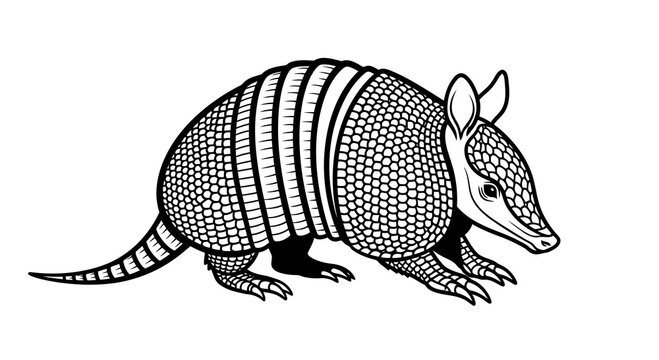 Detailed black and white illustration of an armadillo with textured armor and sharp claws