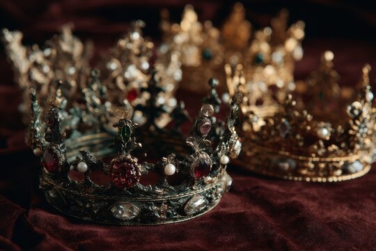 Elegant vintage crown display: handcrafted headpieces with filigree patterns and jewel accents
