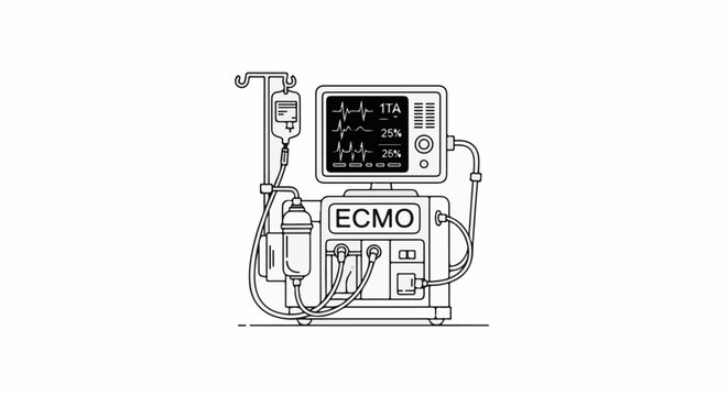 Medical device with screen displaying vital signs and "ECMO" label