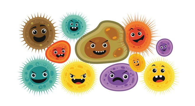 Group of colorful cartoon germ and bacteria characters with various expressions and shapes representing micro-organisms on a white background.