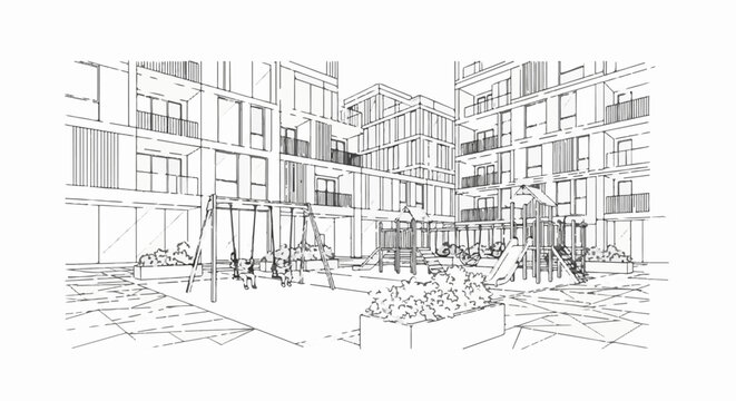 Modern apartment buildings with a children's playground and swings