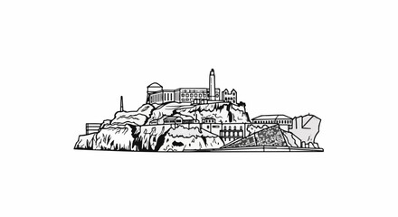 Obraz premium Minimalist line drawing of a famous island prison and its structures