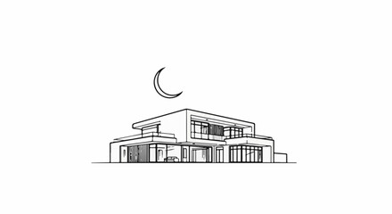 Fototapeta premium Modern two-story house with large windows under a crescent moon
