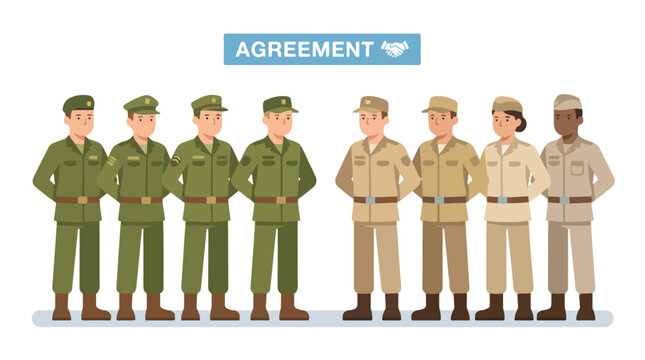 vector of different army troops making peace, carrying out a ceasefire 3