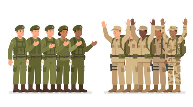 vector of different army troops making peace, carrying out a ceasefire 12