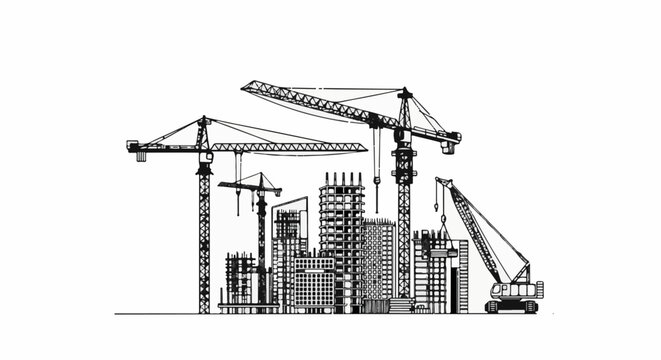 Multiple tower cranes dominate a skyline of partially constructed buildings