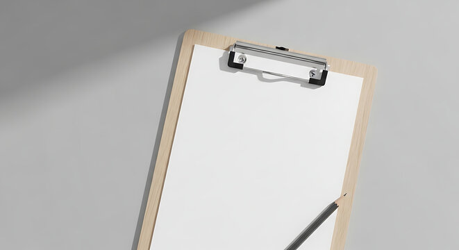 A blank white sheet of paper is clipped to a wooden clipboard, with a pencil resting on the lower right corner, casting a shadow.