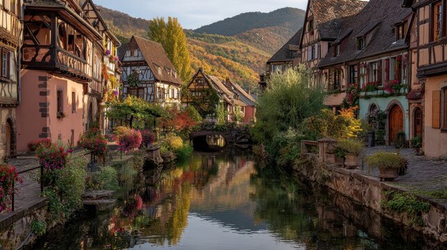 Autumn sunlight over a historic Alsace town with cobbled streets and timber-framed architecture