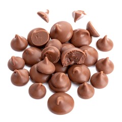 Fototapeta premium Close-up of glossy chocolate drops, some cut, on a clean white backdrop